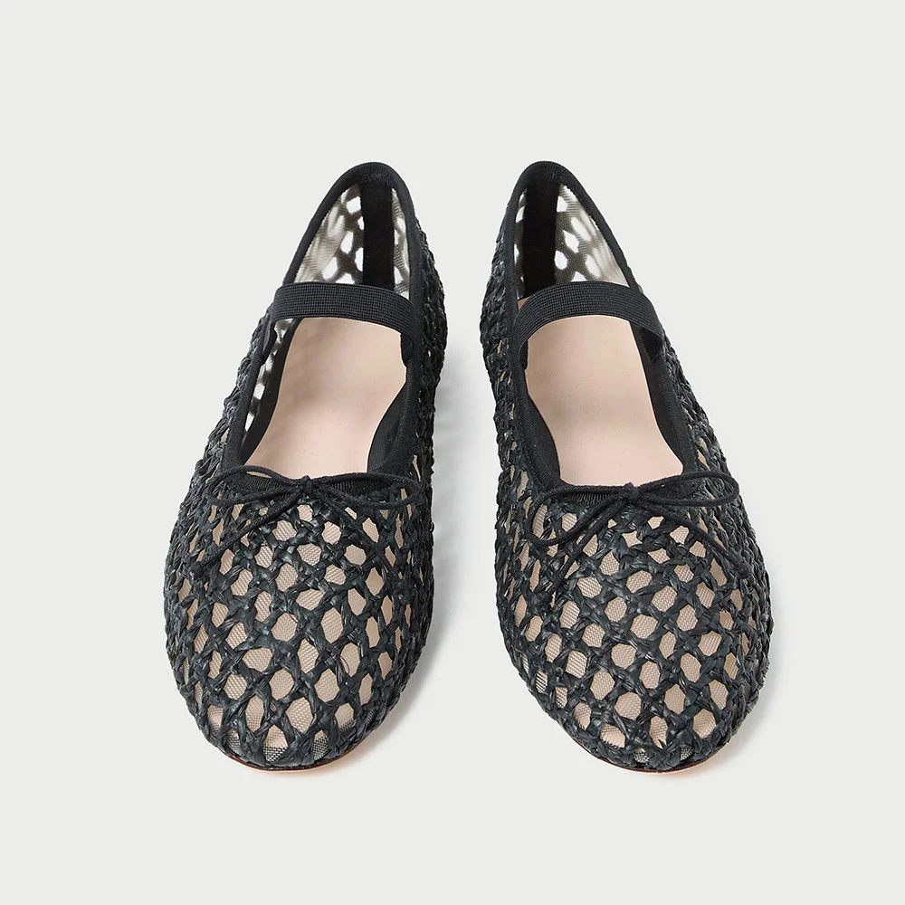 Black Vegan Leather Round Toe Woven Bow Inlay Ballet Flats for Women Nicepairs