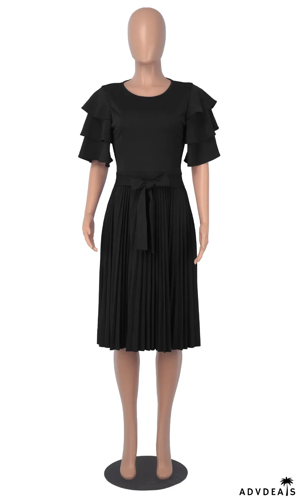 Summer Women Round Neck Ruffle Short Sleeve Pressed Pleated Dress