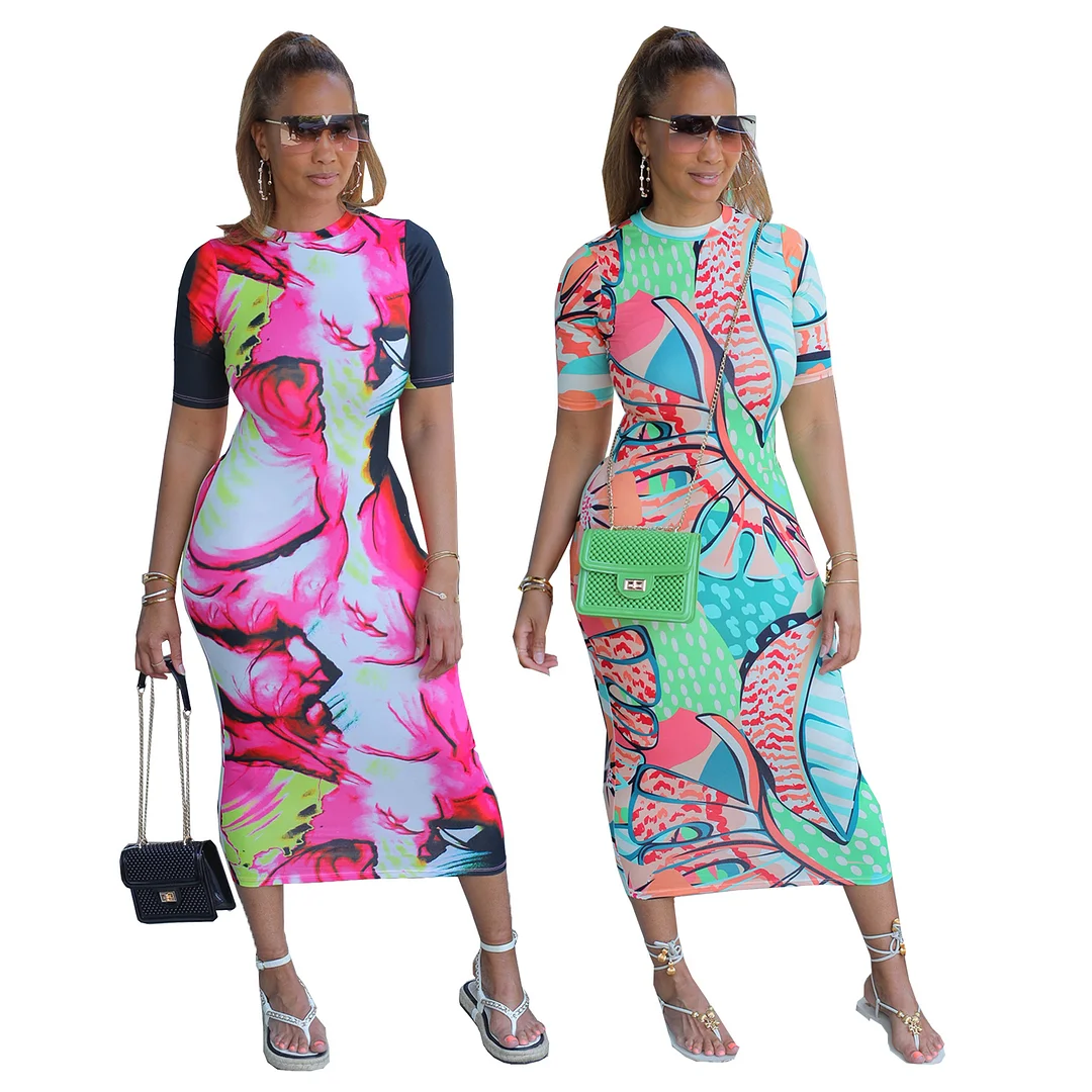 Slim Crew Neck Painted Print Dress | IFYHOME