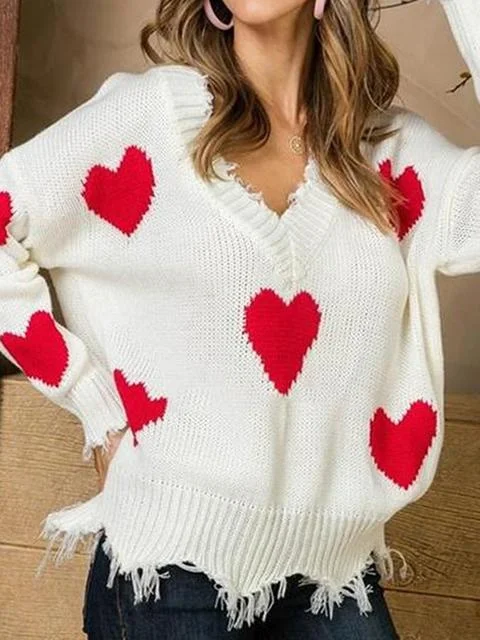 Heart Pattern V Neck Short Sweater