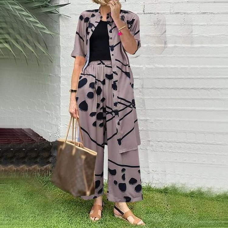 Women's Short Sleeve Button End Top Loose Pants Cotton And Linen Two-Piece Suit