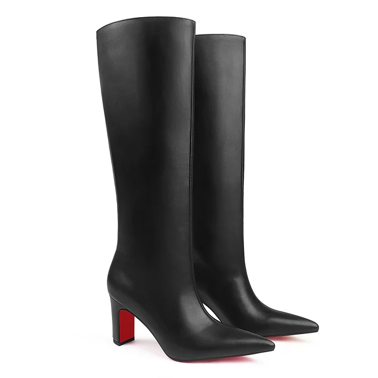 85mm Women's Pointed Toe Chunky Heel Red Bottom Knee Boots Black Matte Boots VOCOSI VOCOSI