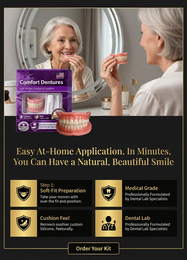 🔥Confident Smile Complete Denture Set. ✅ Medical Grade: BPA-free, made with high-molecular-weight memory material. ⏱️ In just seconds, you can wear them and enjoy healthy, beautiful teeth, savoring every bite.
