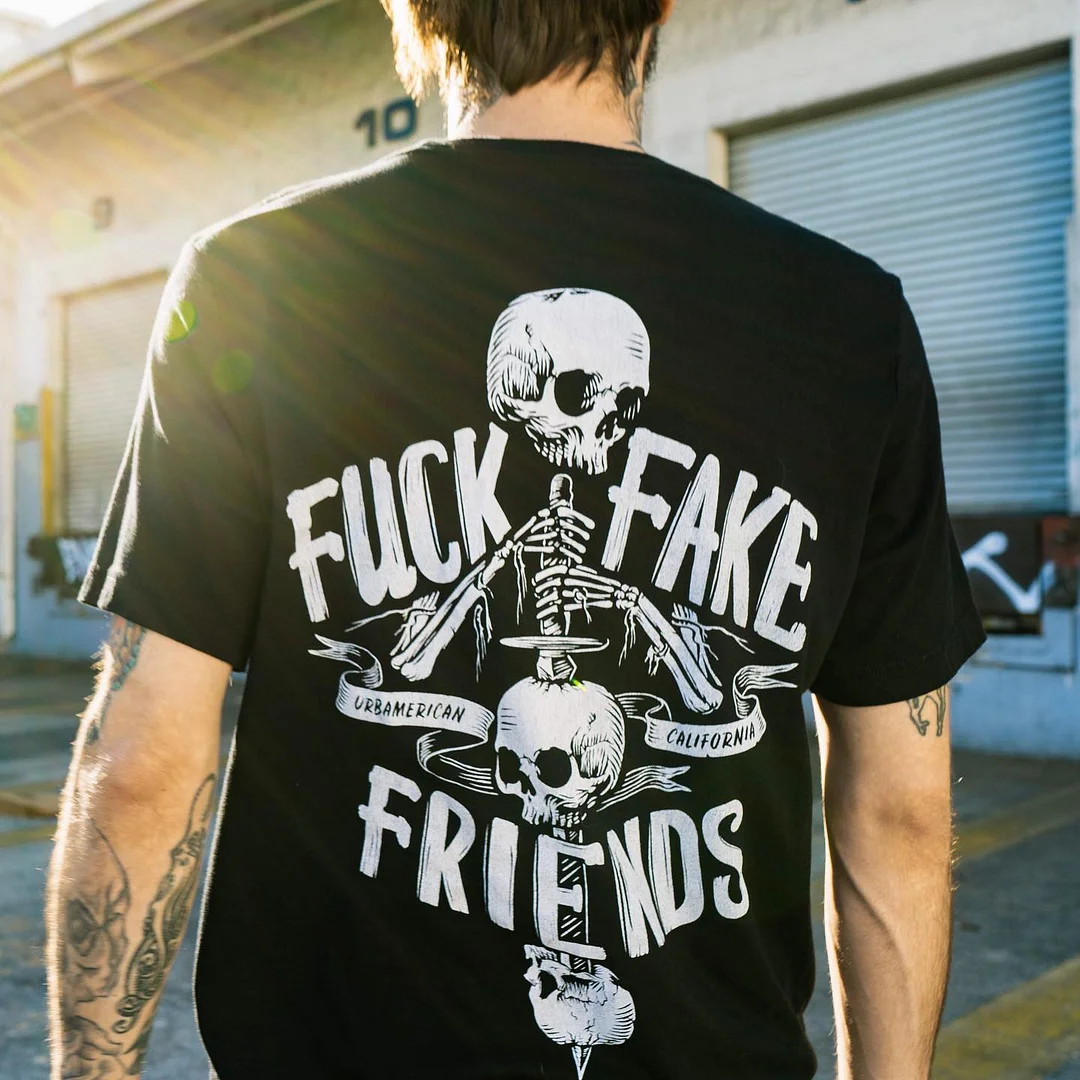 MOTOSUNNY FUCK FAKE FRIENDS Skull Bone Graphic Black Print T-shirt