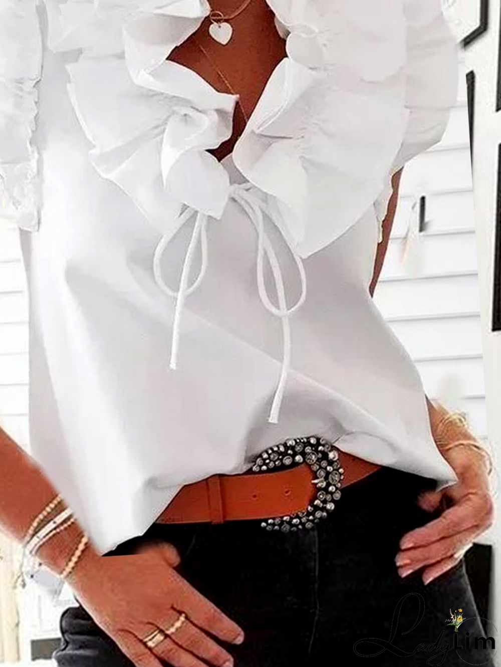 Elegant Plain V Neck Spliced Ruffle Trim Sleeveless Shirt