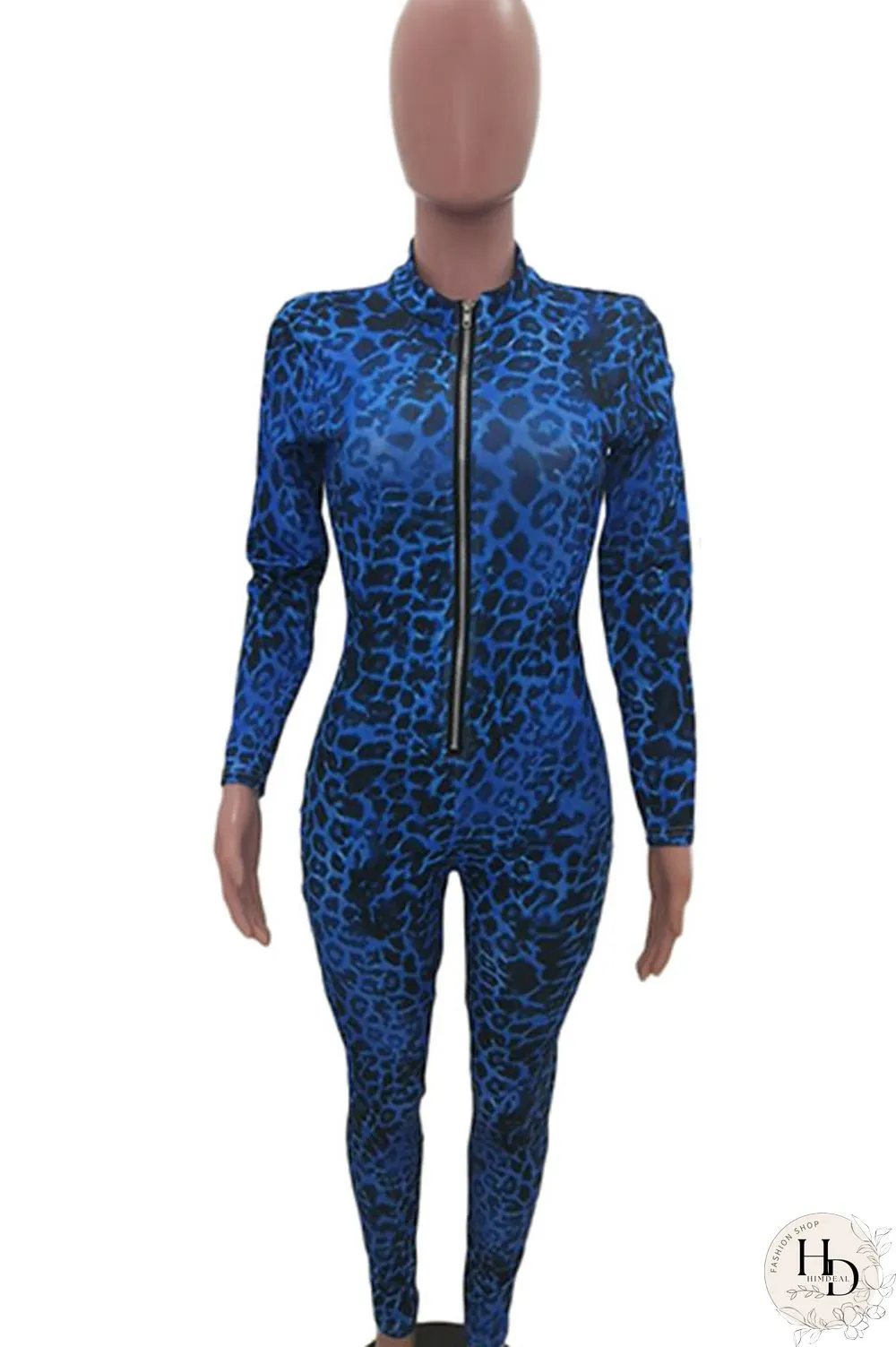 Blue Sexy Print Polyester Long Sleeve O Neck Jumpsuits