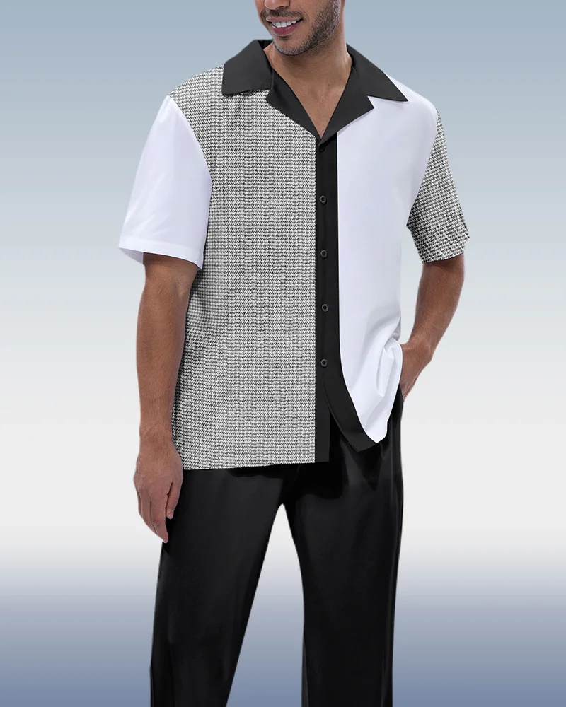 Suitmens Men's Black Vertical Colorblock Short Sleeve Walking Suit