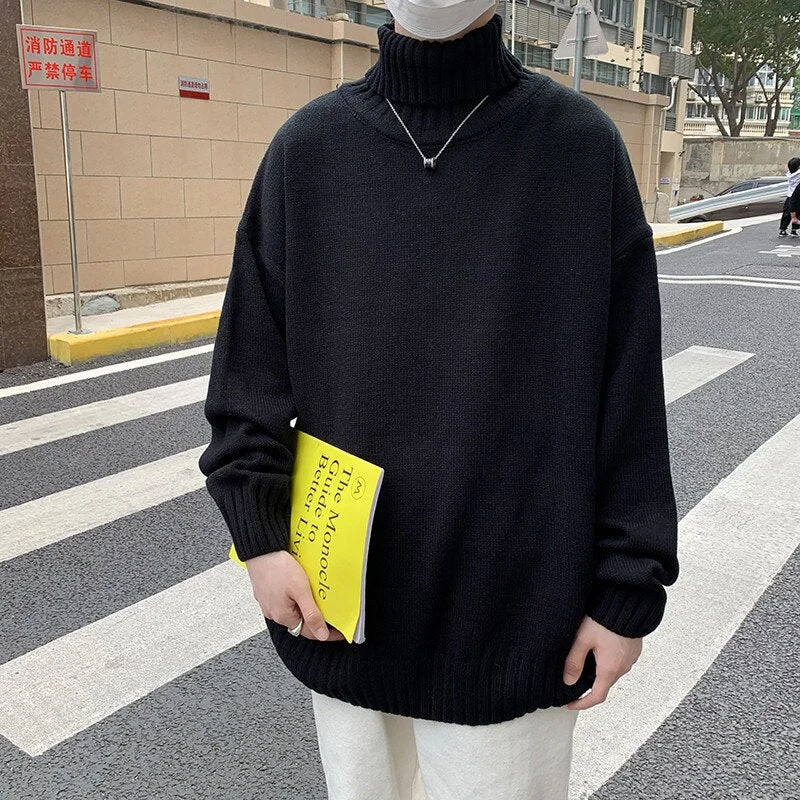 Huiketi Turtleneck Sweaters Men Loose Knitted Pullover Streetwear Mens Oversized Sweater Fashion Casual Sweater Men Pullovers M-8XL