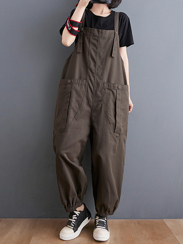 Loose Solid Color Large Pocket Strap Jumpsuit