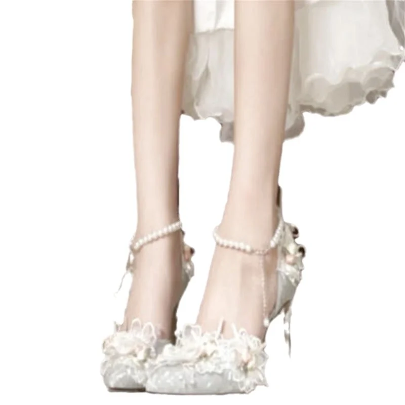 Breakj Breakj Small Fragrant Wind Tip High Heels Women 2025 Spring And Summer Lace Flowers Fine Heel Wedding Shoes Pearl Chain Single Shoes