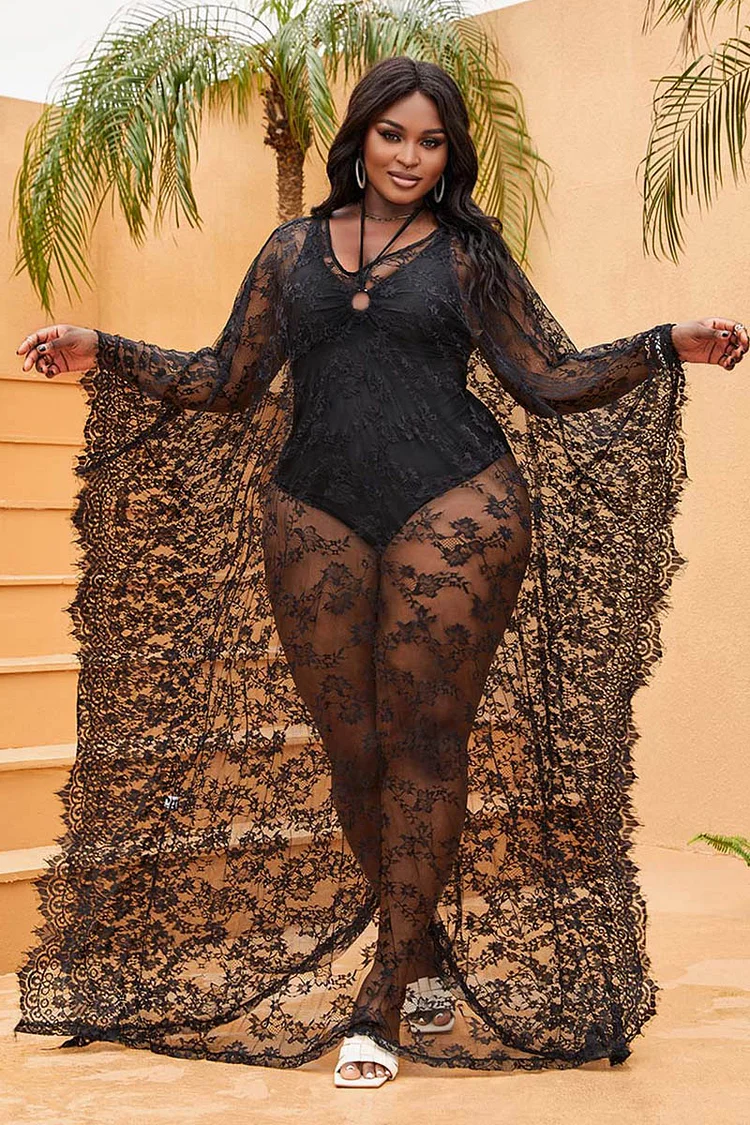 Xpluswear Design Plus Size Black Vacation See-through Dolman Sleeve Lace Maxi Dresses(NO Inside) 