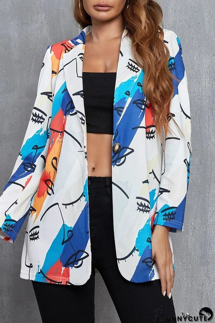 White Blue Casual Print Cardigan Turn-back Collar Outerwear