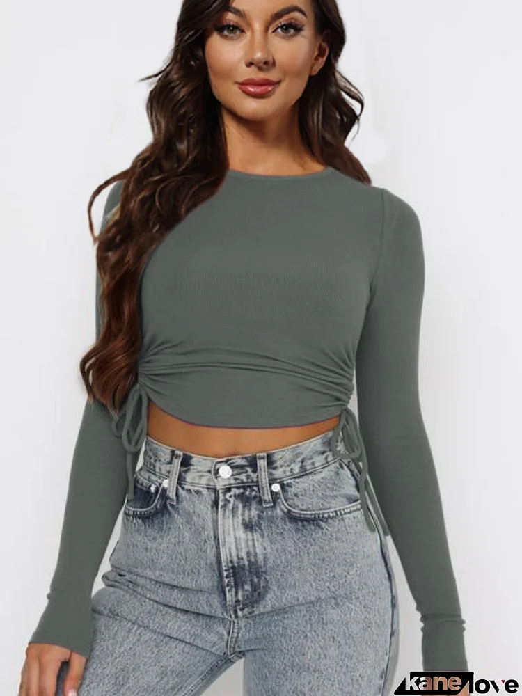 Drawstring Round Neck Long Sleeve Top