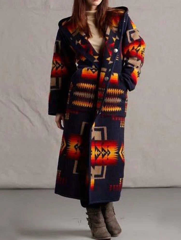 Shawl Collar Geo Pattern Hooded Coat