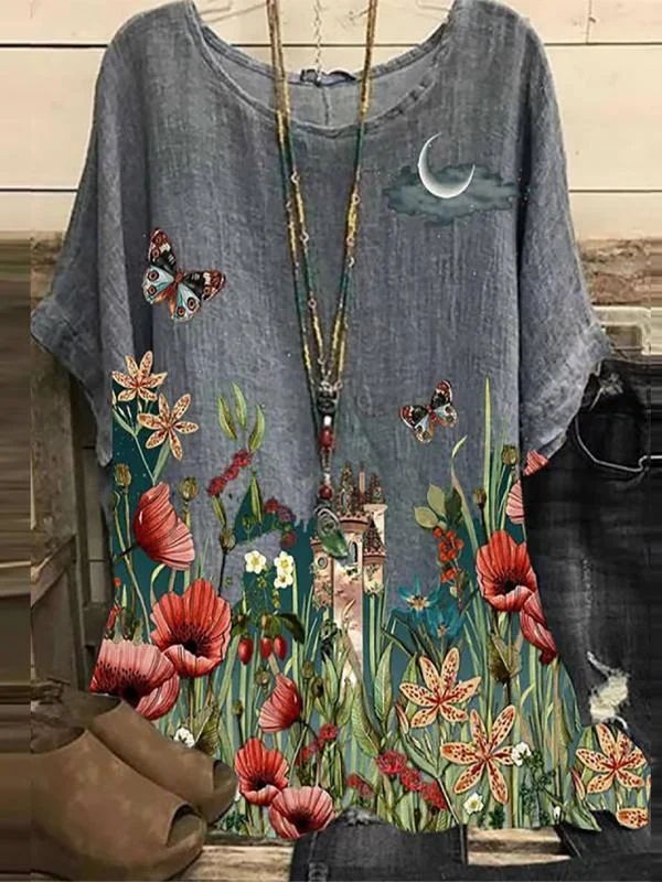 Printed Pattern Quarter Sleeve Temperament T-shirt