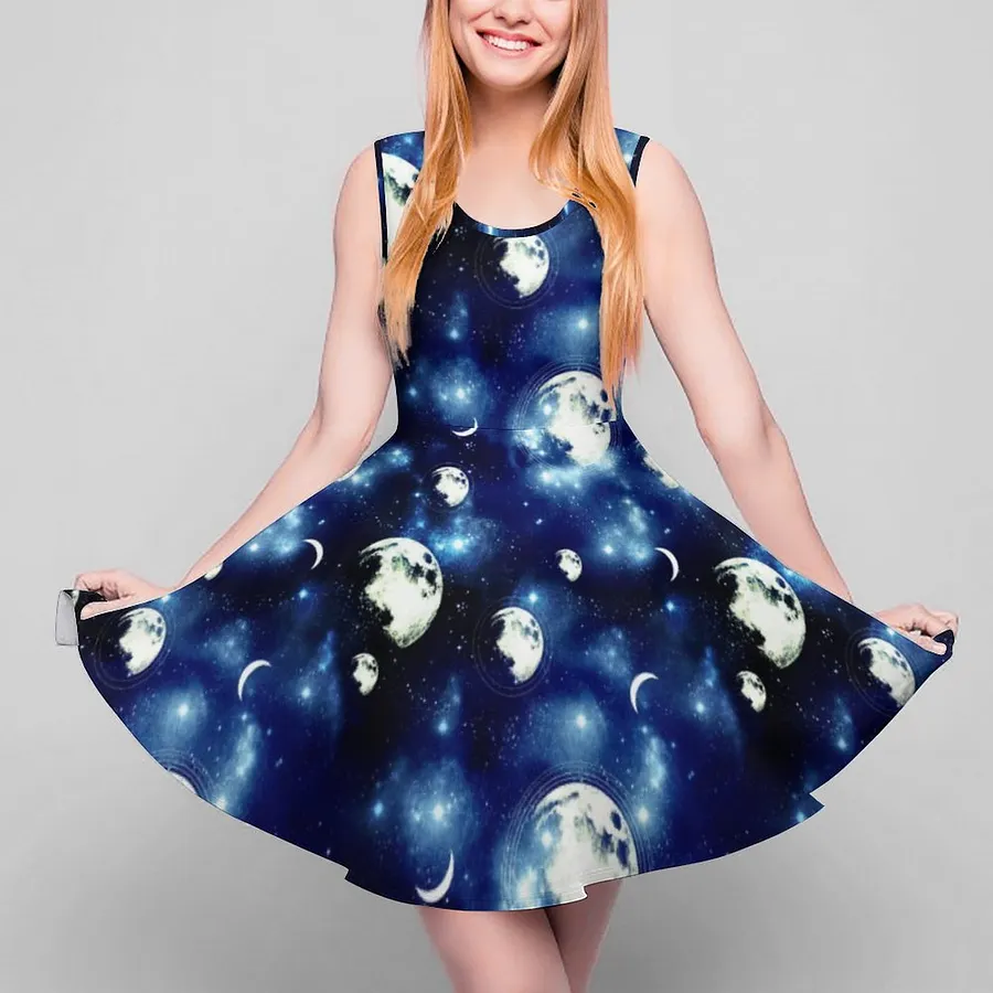 Beautiful Blue Galaxy Universe With Stars Moons Summer Sleeveless Beach  Dress