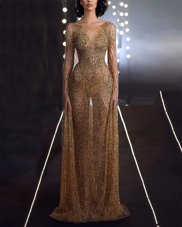 Women's Long Sleeve Round Neck Mesh Sequin Dress