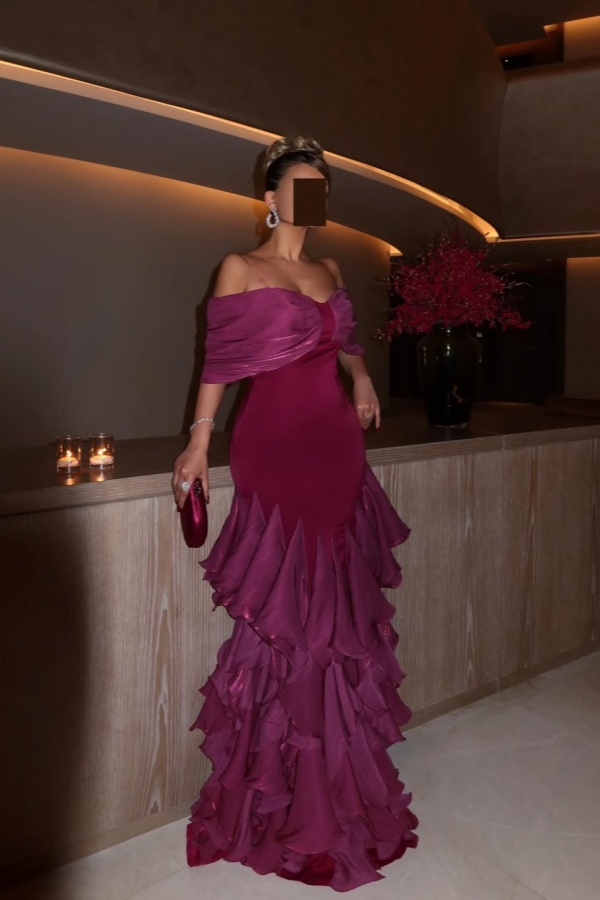 Lussooy Glamorous Orchid Off the Shoulder Evening Dress with Ruffles 