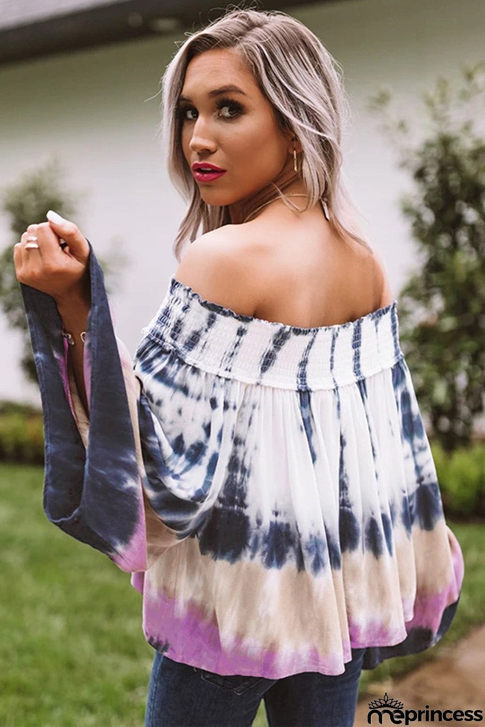 Love Triangle Tie Dye Flare Sleeve Off Shoulder Tie Top