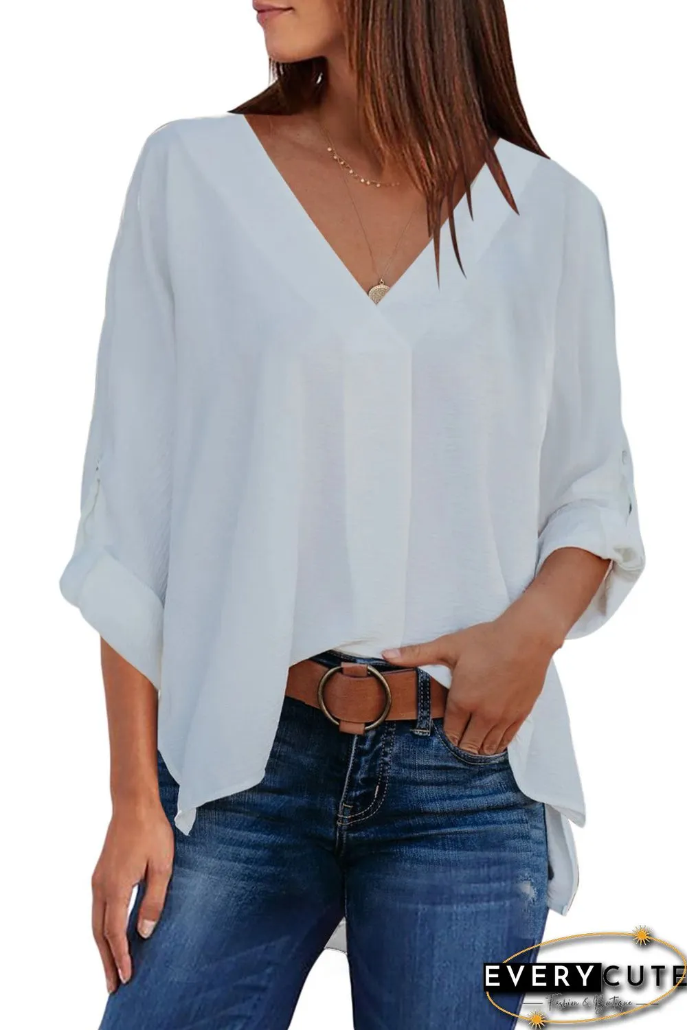 White V Neck 3/4 Sleeve High Low Hem Shirt