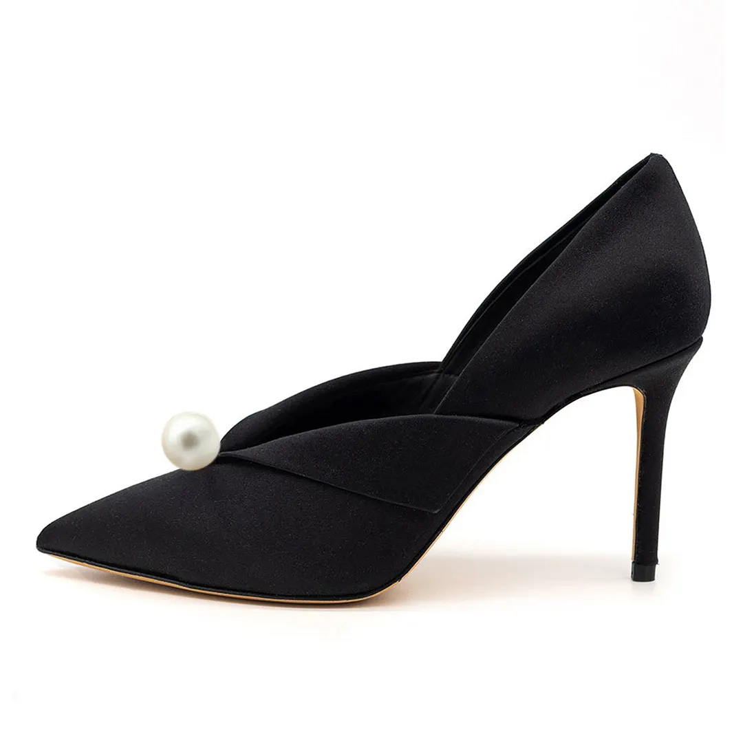 Black Satin Pointed Toe Folded Over Pearl Stiletto Heel Pumps Shoes