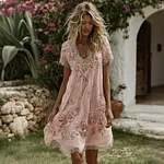 Women's Vintage Floral Art Print Flowy Linen Blend Casual Short Sleeve Mini Dress - Image 2