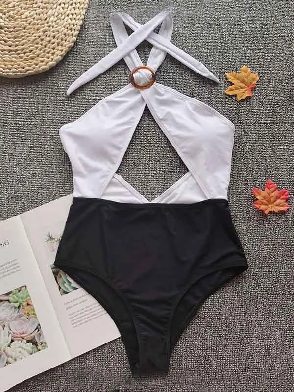 Contrast Color Split-Joint Embellished One-Piece Swimwear