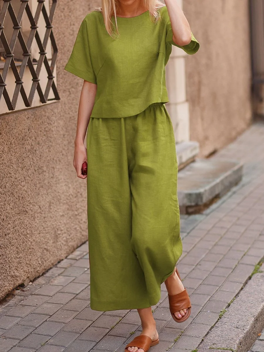 Uveng Plus Size Loose Solid Classic Style Color Shirt Trousers Two-piece Suit