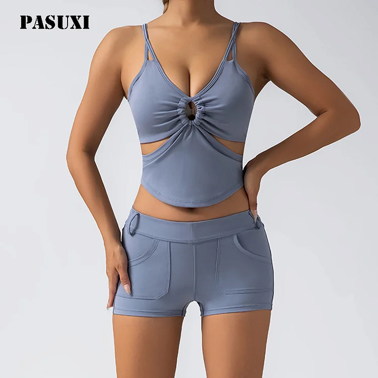 PASUXI Women's High Waist Yoga Fitness Clothes Peach Hip Training Shorts And Sports Vest With Chest Pad Quick Dry Slimming Suit huanwei
