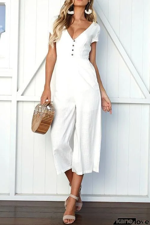 Button Pocket V Neck Jumpsuit