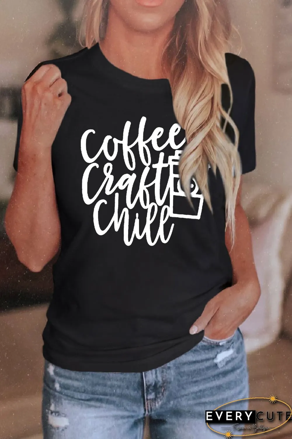 Black Solid Color Printed Rolled Sleeves T-shirt