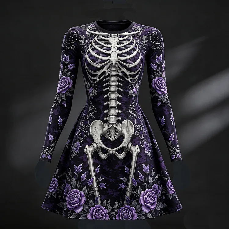 Women's Vintage Halloween Anatomy And Floral Art Comfy Playful Crewneck Long Sleeve Dress