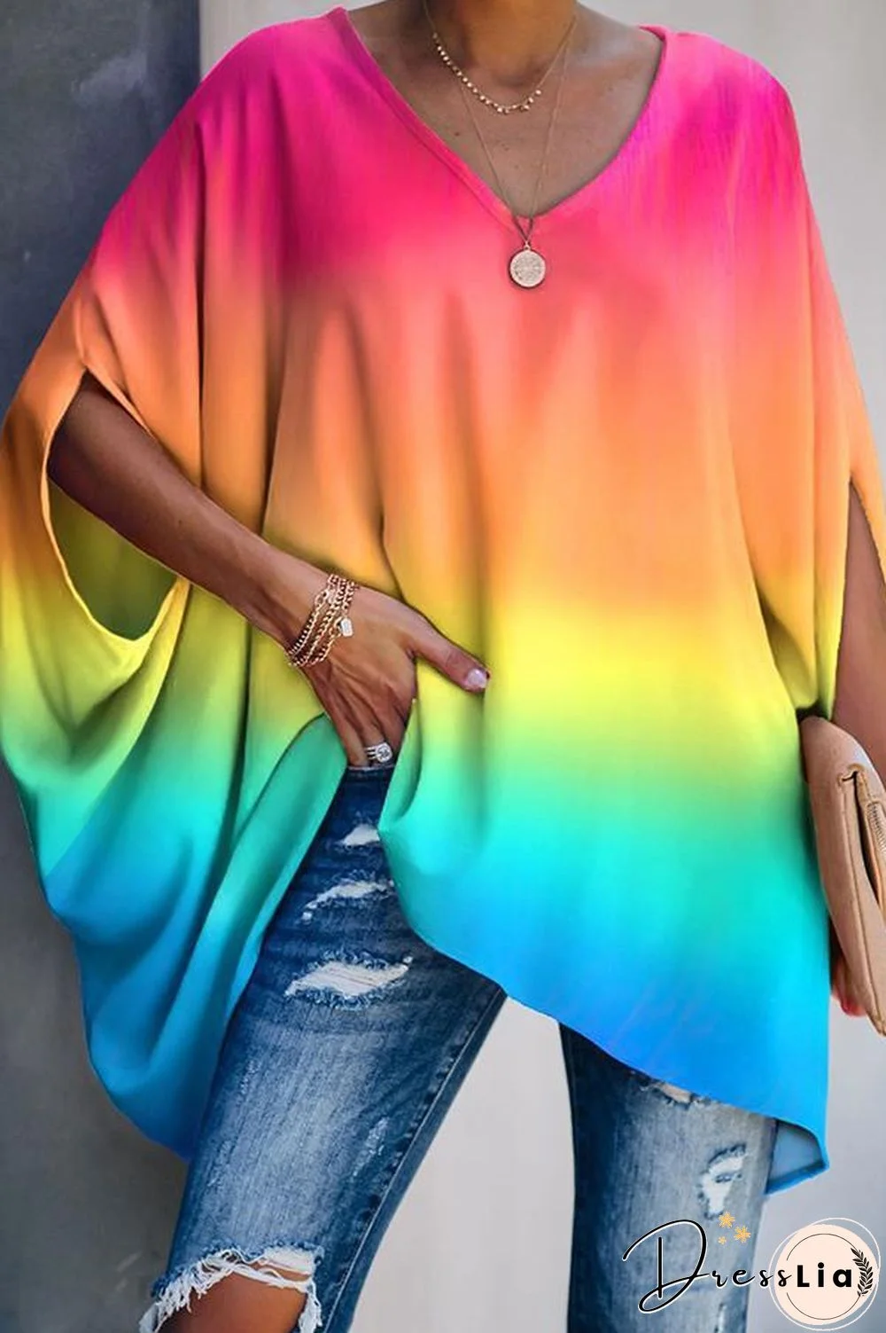 Tie-dye Gradient Batwing Sleeve T-shirt P15977