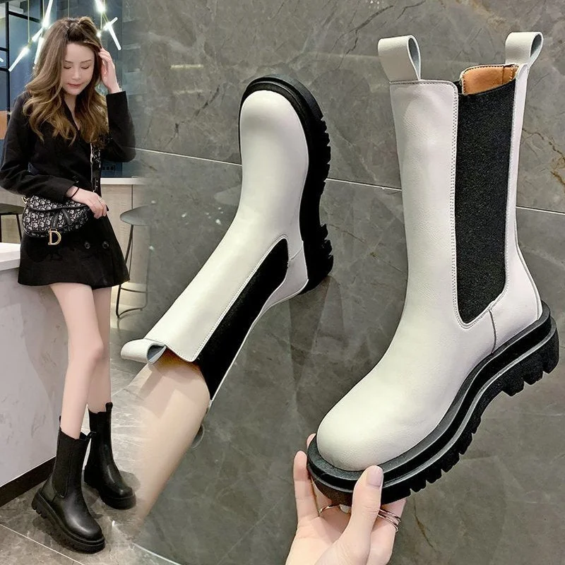 Size 35-40 Fashion Genuine Leather Boots Women Thick Sole Chelsea Boots  British Style Winter Platform Ankle Boots