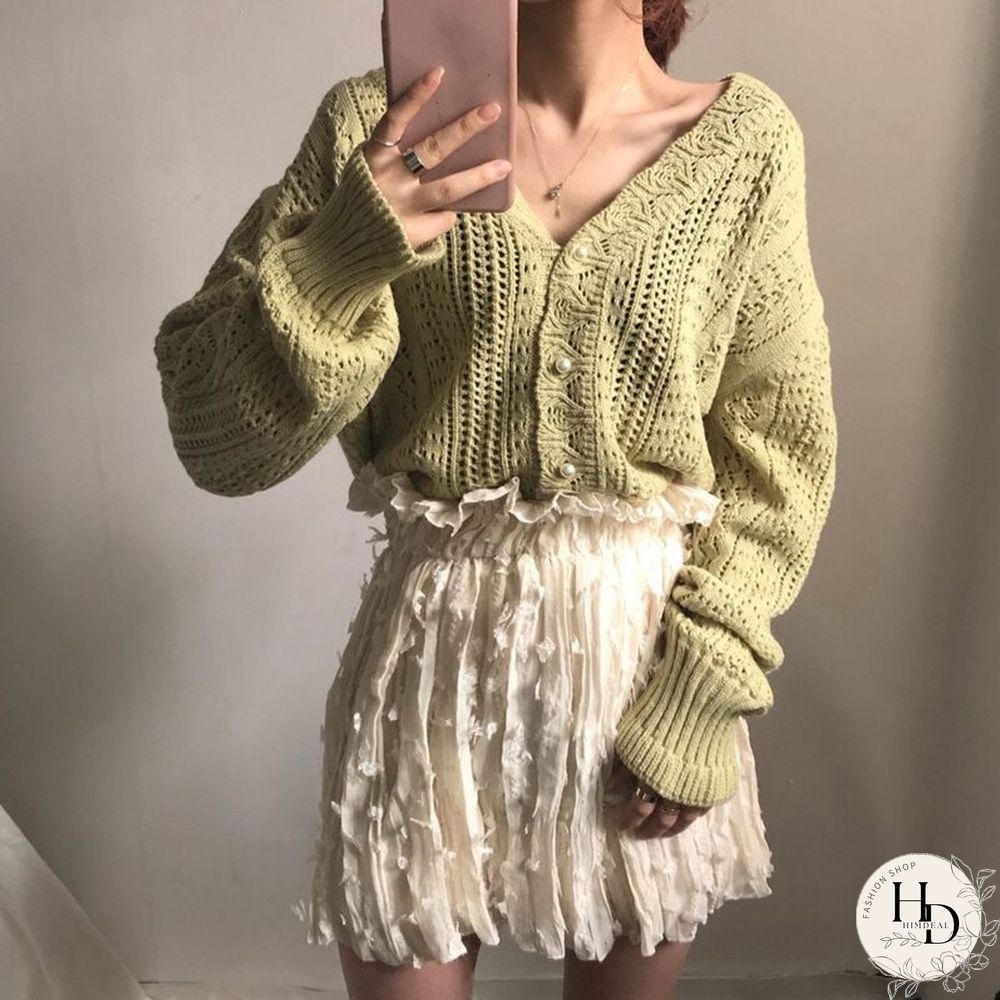 Women Spring Summer Sweater And Cardigans Low V-Neck Knit Tops Long Sleeve Hollow Out Sexy Cardigan Loose White Tops