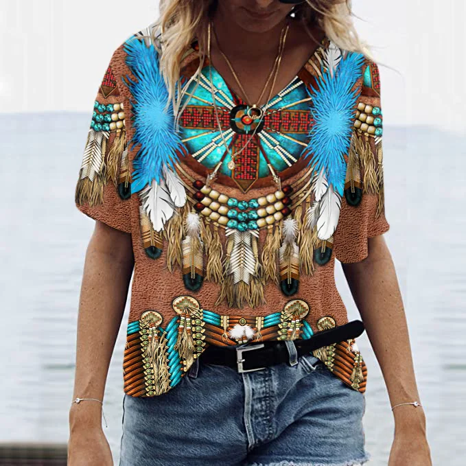 Vintage Western Print V-Neck Short Sleeve T-Shirt
