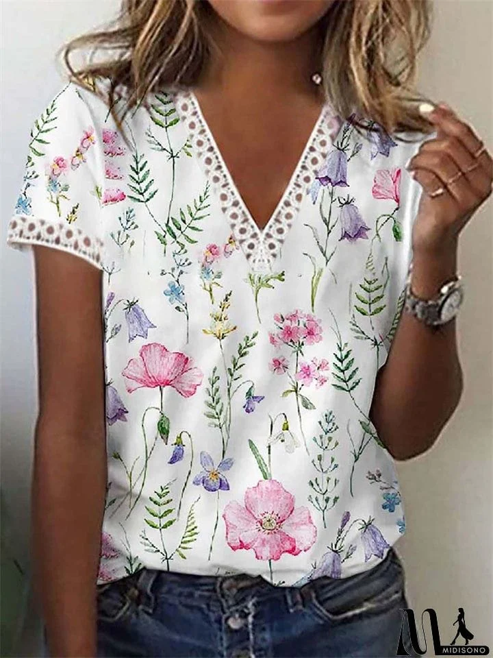 Ladies Fashion V-neck Lace Trim Floral Print Summer T-shirt