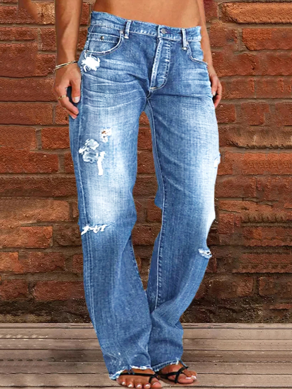 Casual Denim Washed Ripped Mid Rise Straight Leg Jeans