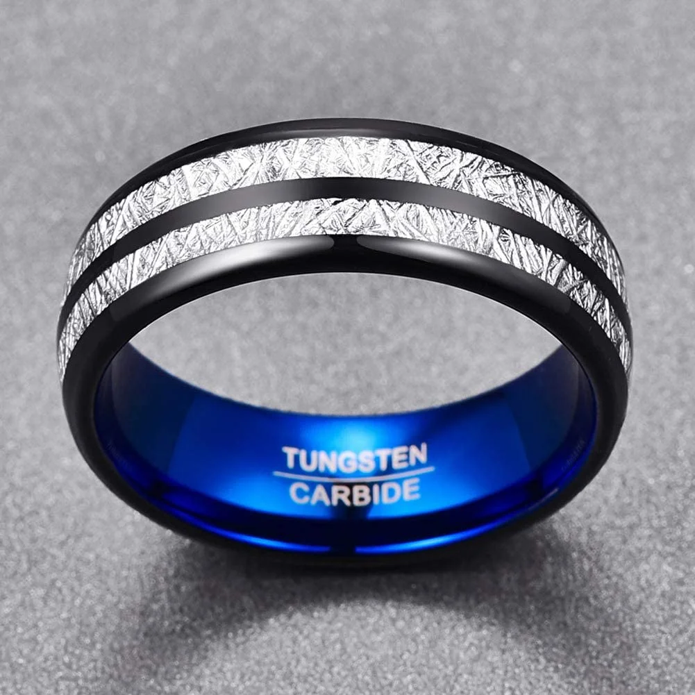 4MM 6MM 8MM Women Men's Black Tungsten Carbide Domed Imitated Meteorite Comfort Fit Carbon Fiber Couple Wedding Bands