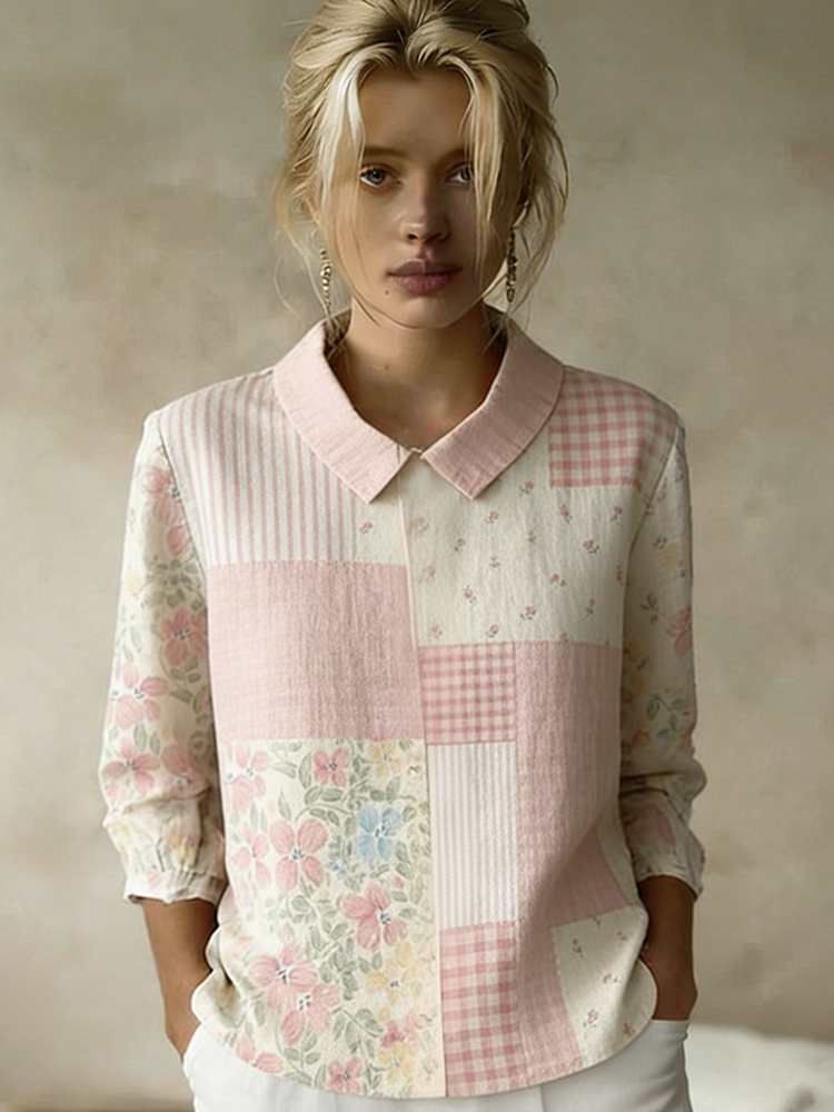 Comstylish Bohemian Country Style Plant Flower Patchwork Striped Design Women's Leisure Linen Top
