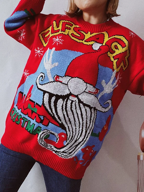 Women's Red New Year Christmas Sweater Santa Claus Pattern Crew Neck Thick Knit Sweater Flusfy