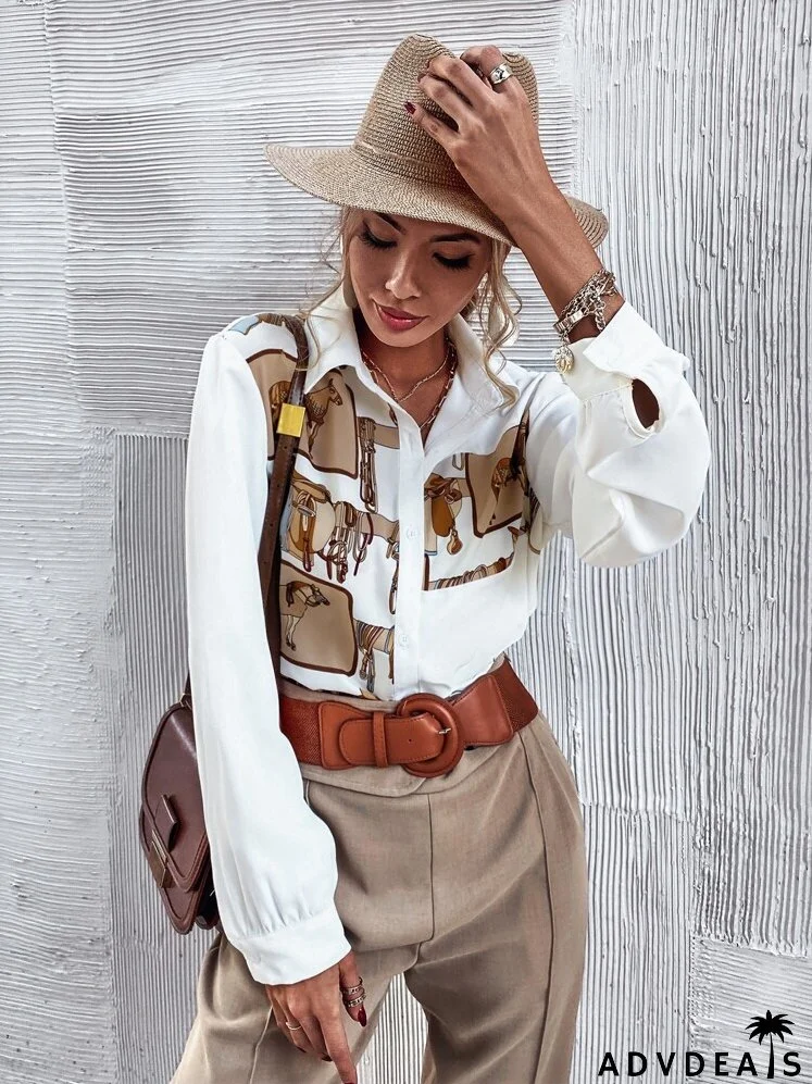 Button Front Horse Print Blouse
