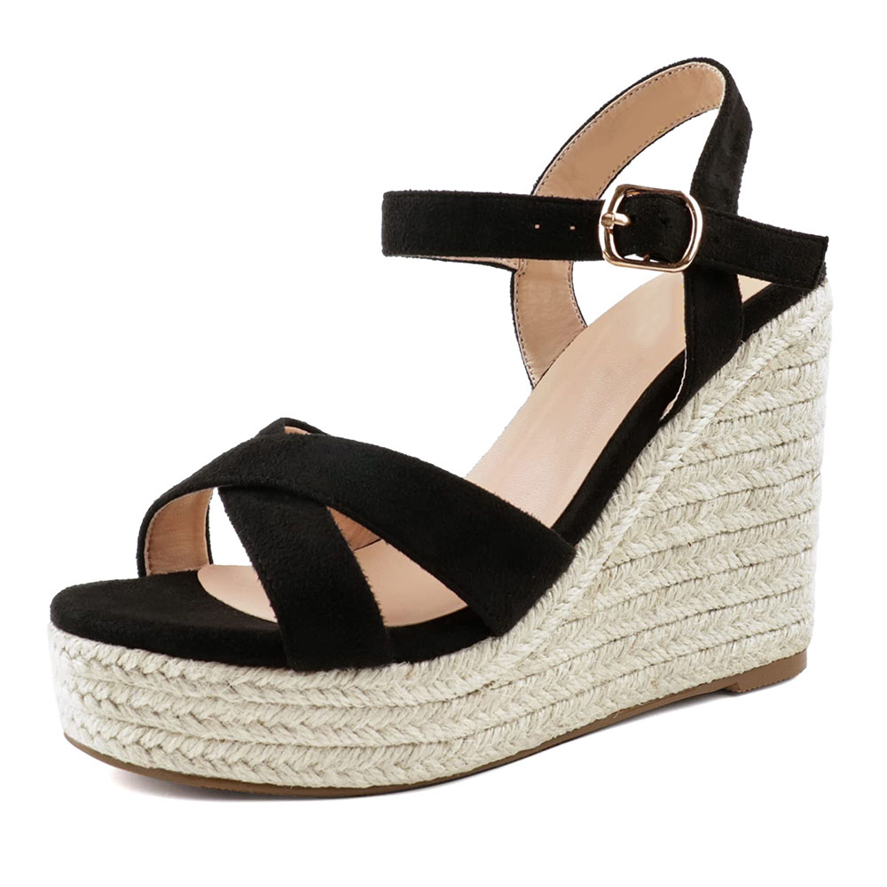 Black Faux Suede Open Toe 4'' Wedge Heel Strappy Platform Sandals Nicepairs