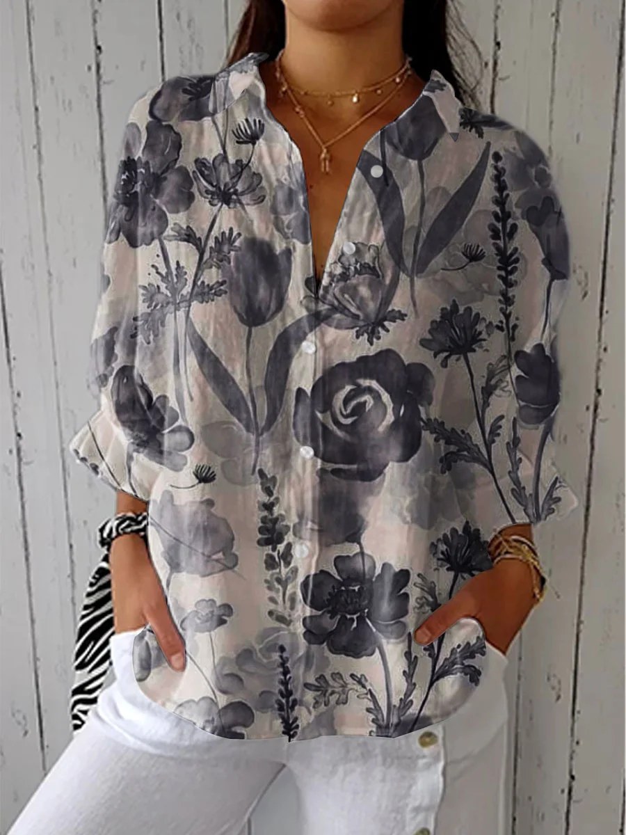 Women's Vintage Floral Art Print Casual Linen V-neck Shirt