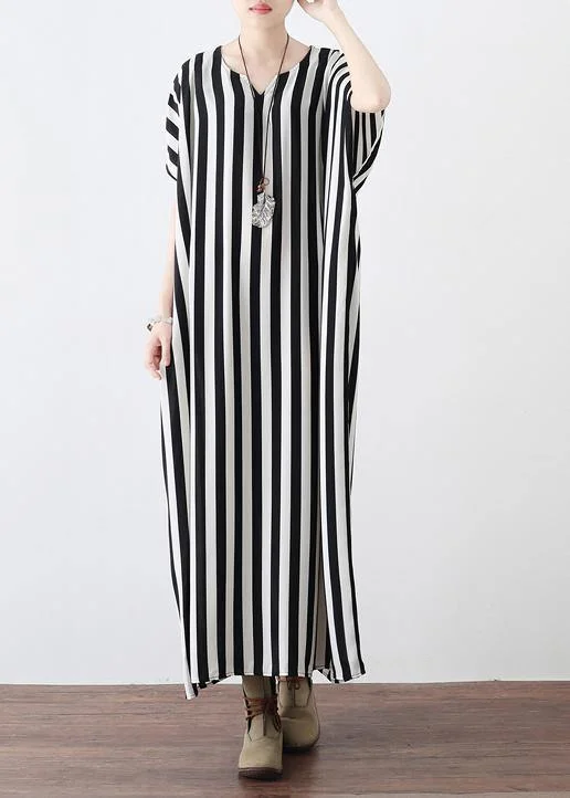 Summer Big Bat Sleeve Black And White Stripe Chiffon Dress
