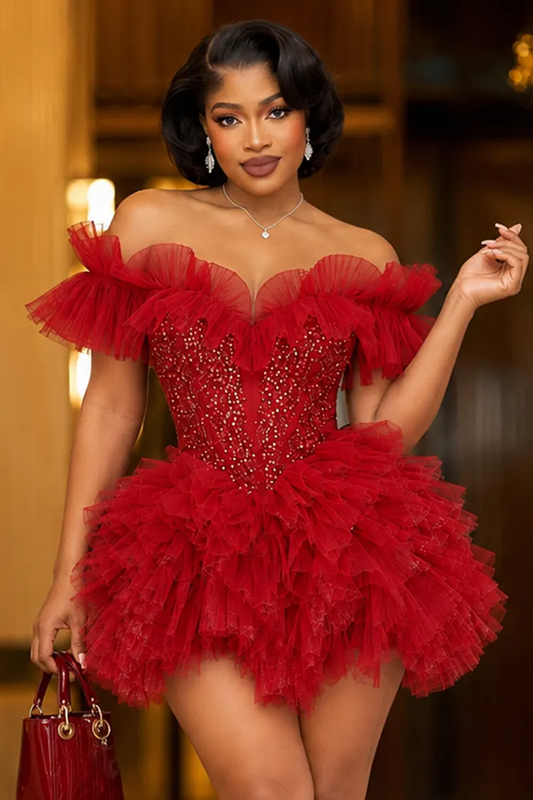 Loragal Off Shoulder Rhinestone Corset Ruffled Tulle Mini Dresses-Red Red-S
