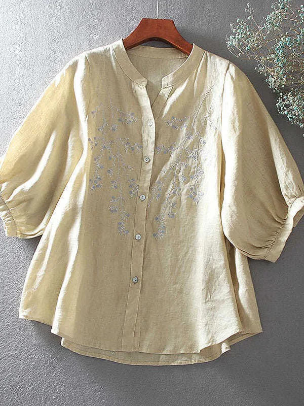 Linen Loose Casual Embroidered Floral Shirt Women's Top
