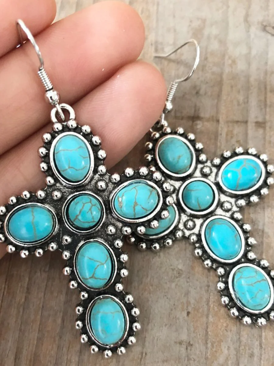 Vintage Cross Pattern Turquoise Earrings
