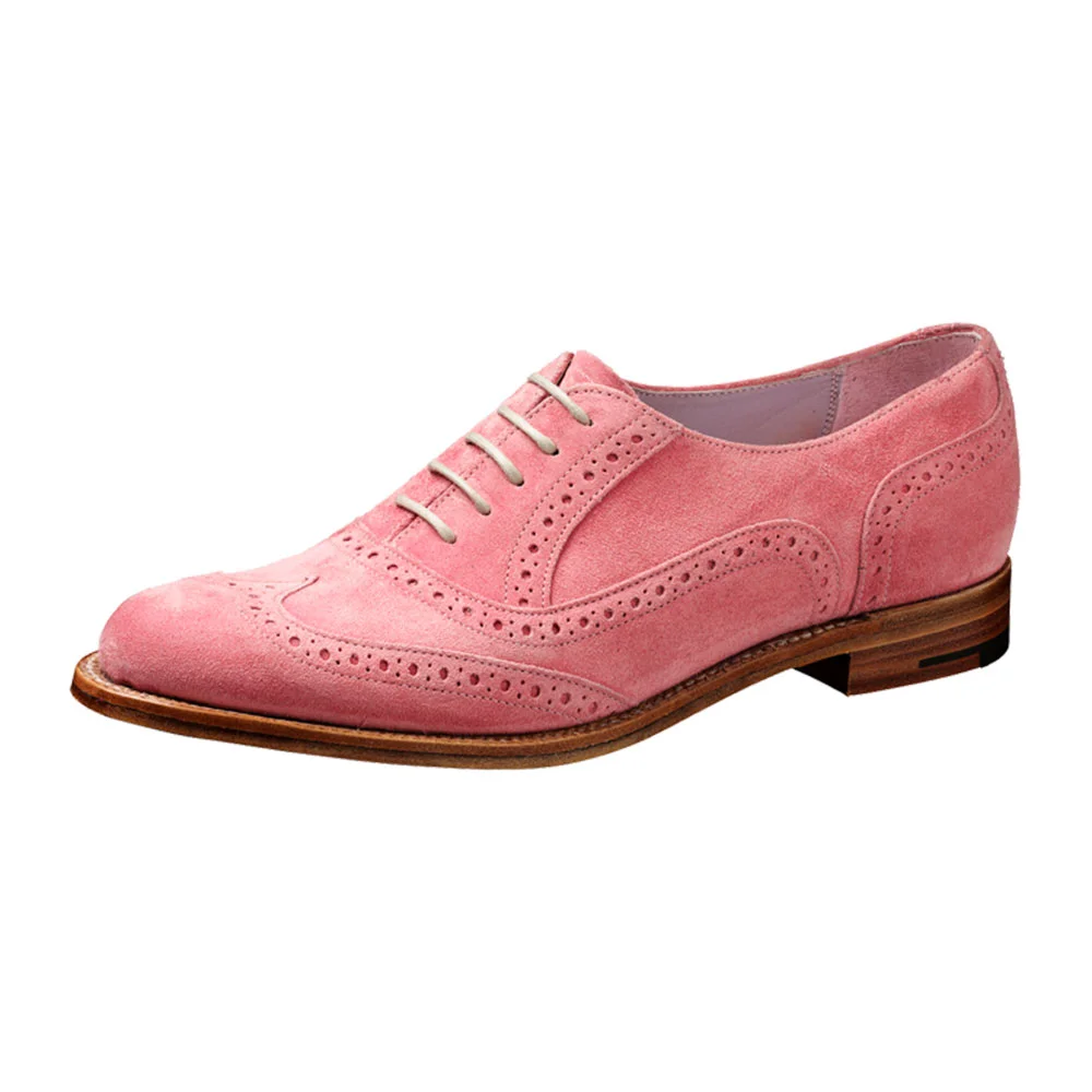 Classic Pink Vegan Suede Round Toe Punched Flat Wingtip Shoes