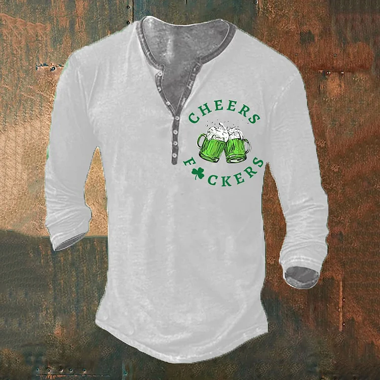 VChics Men's St. Patrick's Day Cheers Fuckers Henley Collar T-Shirt